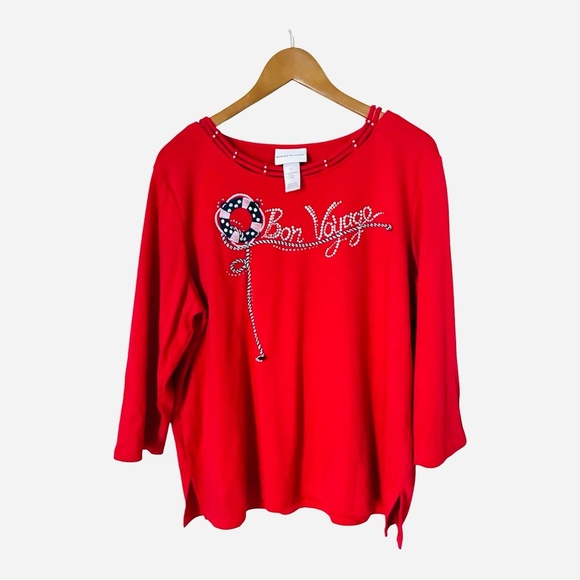 Alfred Dunner Red Bon Voyage Embroidered 3/4 Sleeve Top XL - Picture 3 of 8